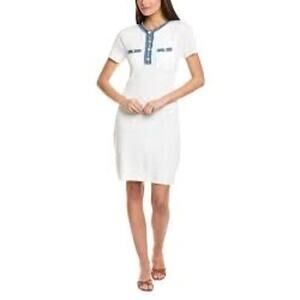 Nanette Lepore Ribbed T-Shirt Dress White Denim Pearls Sz M